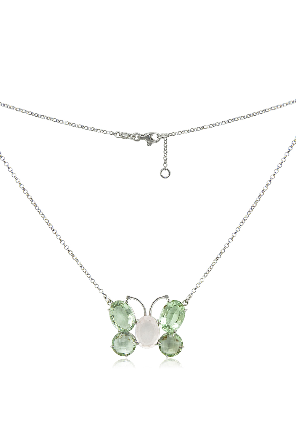 Collana in argento 925 rodiato con ciondolo a farfalla composto da quarzi naturali rosa e ametista verde