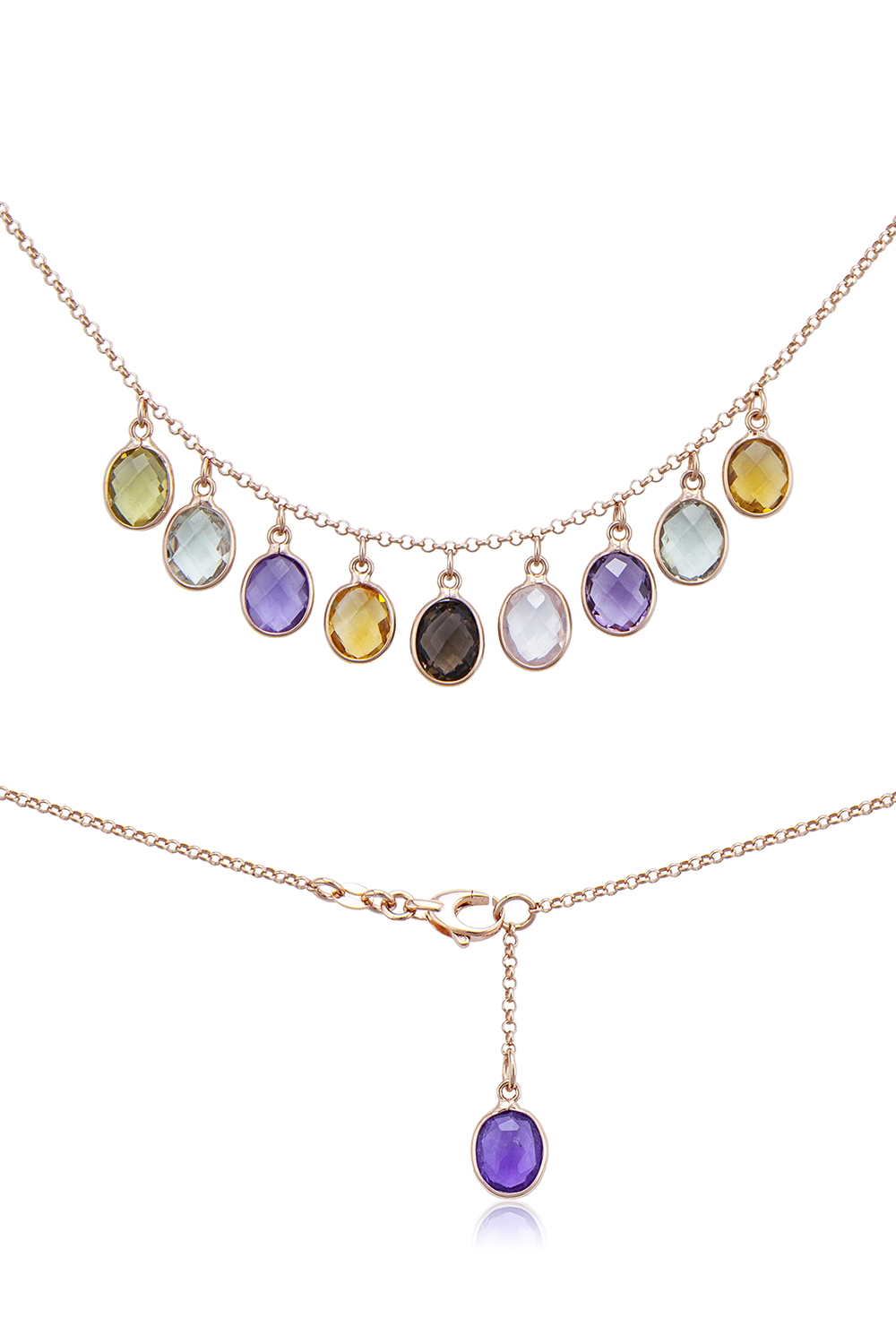 Collana Vittoria in argento rosé con pendenti ovali in quarzo naturale multicolore