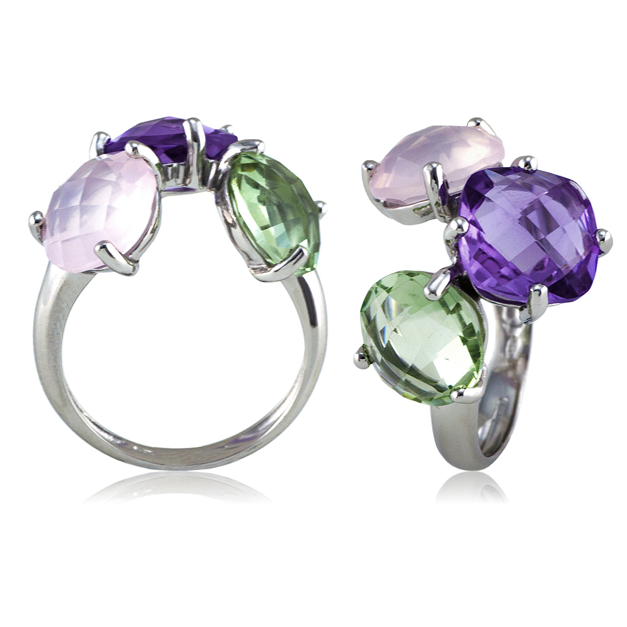 anello in argento con ametista viola ametista verde e quarzo rosa